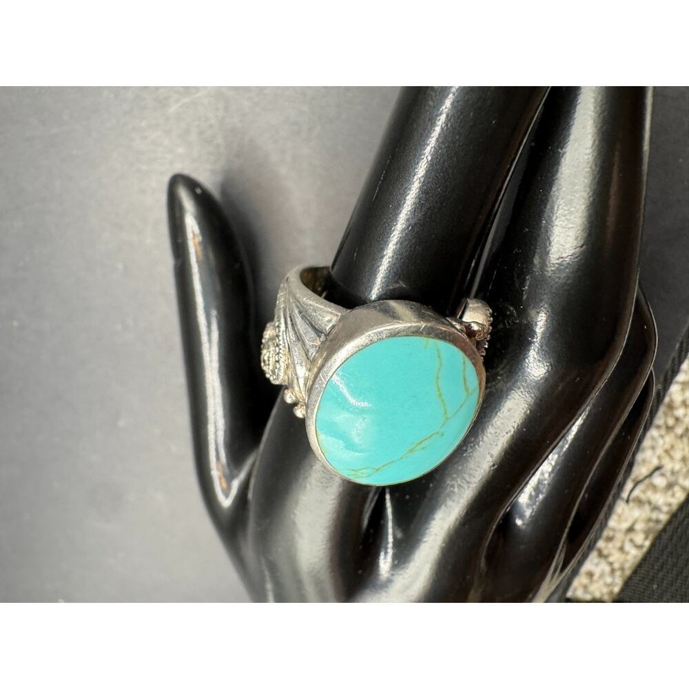 Vintage Southwestern Turquoise Oval Cut Filigree 925 Sterling Silver Ring Sz 7.5 - Picture 3 of 12